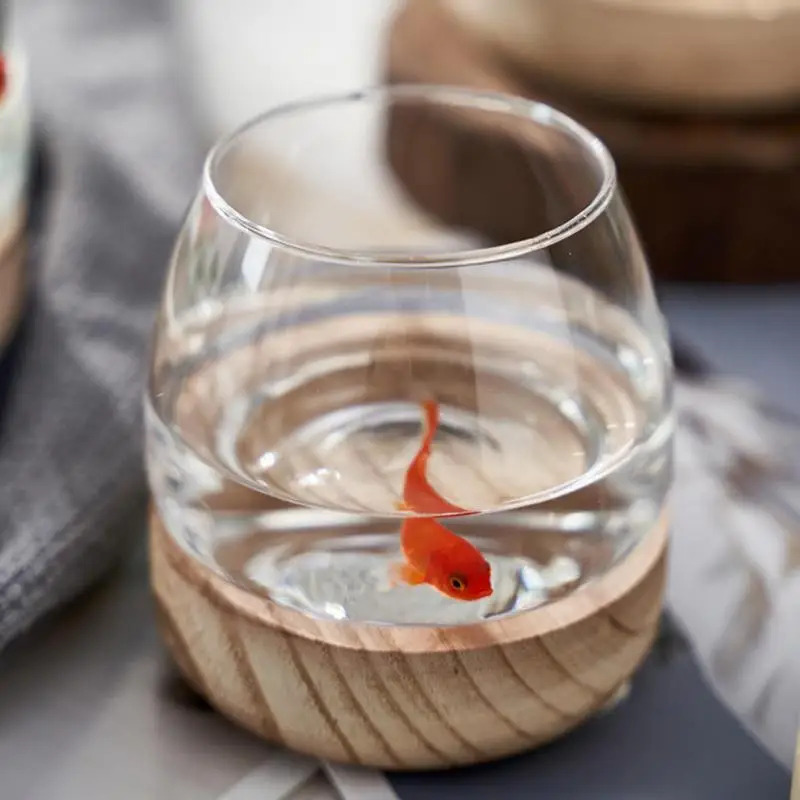Planted Aquarium For Goldfish - Okrągłe szklane akwarium dekoracyjne z drewnianą